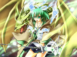 Rule 34 | 1girl, bad id, bad pixiv id, breasts, cleavage, collarbone, dragon, dragon wings, duel monster, familiar-possessed - wynn, glowing, green eyes, green hair, jacket, jewelry, long hair, matching hair/eyes, omega na hito, open mouth, pendant, petit dragon, ponytail, scepter, skirt, solo, wings, wynn (yu-gi-oh!), wynn the wind charmer, yu-gi-oh!