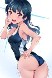 Rule 34 | 1girl, armpits, ass, blue hair, breasts, cleavage, cowboy shot, dripping, hair bun, highres, long hair, looking at viewer, love live!, love live! sunshine!!, medium breasts, one-piece swimsuit, open mouth, red eyes, side bun, sideboob, single hair bun, single side bun, solo, swimsuit, teeth, tem10, tsushima yoshiko, upper teeth only, water, wet