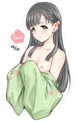 Rule 34 | 1girl, black eyes, black hair, blush, braid, breasts, closed mouth, collarbone, commentary request, cropped torso, dated commentary, french braid, hamao, highres, idolmaster, idolmaster cinderella girls, kobayakawa sae, long hair, looking at viewer, nipples, small breasts, smile, solo