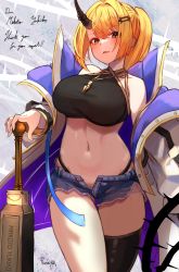 Rule 34 | 1girl, absurdres, bare shoulders, black thighhighs, blonde hair, breasts, commission, cowboy shot, crop top, denim, denim shorts, hair ornament, hairclip, hand on weapon, highleg, highleg panties, highres, horn ornament, horns, jacket, jewelry, large breasts, long hair, midriff, navel, necklace, off shoulder, open clothes, open fly, open jacket, open pants, original, panties, pants, parted lips, ponytail, roco (rocoroco1115), shirt, short shorts, shorts, sidelocks, single horn, single thighhigh, skeb commission, sleeveless, sleeveless shirt, solo, thighhighs, underwear, virtual youtuber, yellow eyes