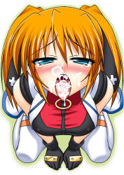 Rule 34 | 00s, blue eyes, cum, cum bubble, cum in mouth, cum on tongue, facial, gloves, hair ribbon, highres, kneeling, lyrical nanoha, mahou shoujo lyrical nanoha, mahou shoujo lyrical nanoha strikers, open mouth, orange hair, ribbon, short hair, short twintails, teana lanster, thighhighs, tongue, tongue out, twintails