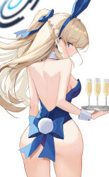 Rule 34 | 1girl, animal ears, ass, back, backless leotard, blonde hair, blue archive, blue eyes, blue hair, blue leotard, blue ribbon, blunt bangs, blurry, braid, breasts, commentary request, cowboy shot, cup, depth of field, detached collar, drinking glass, earpiece, fake animal ears, fake tail, french braid, from behind, halo, highres, holding, holding tray, leotard, long hair, looking at viewer, looking back, medium breasts, misononasubi, multicolored hair, official alternate costume, playboy bunny, ponytail, rabbit ears, rabbit tail, ribbon, solo, standing, strapless, strapless leotard, streaked hair, tail, toki (blue archive), toki (bunny) (blue archive), tray, wine glass, wrist cuffs