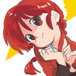 Rule 34 | 1girl, apple-boy, braid, braided ponytail, chinese clothes, closed mouth, hair between eyes, nose, ranma-chan, ranma 1/2, red eyes, red hair, red shirt, shadow, shirt, simple background, solo, tangzhuang, triangle, upper body, white background
