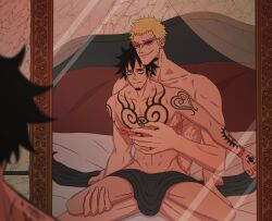 Rule 34 | 2boys, abs, arm tattoo, bdsm, bed sheet, black hair, blonde hair, bondage, bound, chest tattoo, donquixote doflamingo, donquixote pirates jolly roger, earrings, facial hair, goatee, hand tattoo, height difference, highres, implied sex, indoors, jewelry, jlhdraws, looking at mirror, male focus, mirror, multiple boys, muscular, muscular male, navel, nude, one piece, pillow, restrained, reverse cowgirl position, sex, sex from behind, short hair, shoulder tattoo, sitting, sitting on person, size difference, smile, spread legs, straddling, sunglasses, tattoo, thread, trafalgar law, yaoi