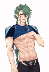 Rule 34 | 1boy, abs, baizhu (genshin impact), black jammers, black male swimwear, clothes lift, genshin impact, green hair, highres, jammers, lifting own clothes, long hair, male focus, male swimwear, muscular, muscular male, navel, pants, rourouki, shirt lift, simple background, swimsuit, wet, white background, yellow eyes