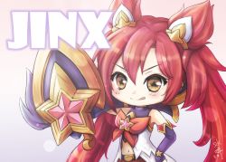 Rule 34 | 1girl, alternate costume, alternate hair color, alternate hairstyle, bare shoulders, belt, black gloves, black thighhighs, bow, chibi, earrings, elbow gloves, fingerless gloves, gloves, hair ornament, jewelry, jinx (league of legends), league of legends, long hair, magical girl, red bow, red eyes, red hair, red neckwear, short shorts, shorts, star guardian (league of legends), star guardian jinx, thighhighs, twintails, very long hair, weapon