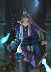 Rule 34 | 1girl, absurdres, arowana2111, black gloves, blue eyes, ear piercing, gloves, grey hair, highres, holding, holding sword, holding torch, holding weapon, holster, jewelry, necklace, original, piercing, pointy ears, ponytail, robe, stairs, sword, thigh holster, thighhighs, torch, weapon