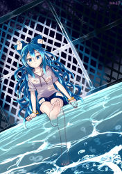 Rule 34 | 1girl, 367gou, bad id, bad pixiv id, bangle, barefoot, blue bow, blue eyes, blue hair, blue skirt, bow, bracelet, bubble, commentary request, debt, dutch angle, expressionless, feet, fence, fingernails, full body, hair bow, highres, hood, hoodie, jewelry, leg up, long hair, looking at viewer, nail polish, night, night sky, pool, poolside, sitting, skirt, sky, soaking feet, soles, solo, star (sky), starry sky, toenails, toes, touhou, very long hair, water, water surface, wire fence, yorigami shion