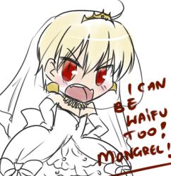 Rule 34 | 1boy, bare shoulders, blonde hair, blush, bridal veil, chibi, crossdressing, crown, dress, elbow gloves, english text, fang, fate/stay night, fate/zero, fate (series), gilgamesh (fate), gloves, jewelry, lowres, male focus, necklace, red eyes, short hair, solo, text focus, tusia, veil, wedding dress