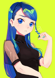 Rule 34 | 1girl, black shirt, blue eyes, blue hair, breasts, closed mouth, frown, twirling hair, highres, jj (ssspulse), long hair, looking at viewer, minazuki karen, precure, see-through, see-through sleeves, shirt, short sleeves, simple background, small breasts, solo, straight hair, swept bangs, turtleneck, upper body, very long hair, yellow background, yes! precure 5