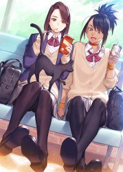 Rule 34 | 2girls, aikawa ren, animal, animal on lap, azusa (hws), bag, black hair, black legwear, bracelet, brown eyes, brown hair, bus stop, cardigan, cat, cat on lap, character request, choker, collared shirt, commentary request, crossed ankles, cup, dark-skinned female, dark skin, dutch angle, eating, food, hair over one eye, high ponytail, jewelry, legs, loafers, looking at animal, miru tights, multiple girls, on lap, open mouth, pantyhose, pleated skirt, pocky, red choker, school bag, school uniform, shirt, shoe soles, shoes, sitting, skirt