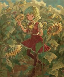Rule 34 | 1girl, acrylic paint (medium), ama-tou, arm behind back, ascot, black pantyhose, cloud, female focus, flower, green hair, highres, kazami yuuka, loafers, painting (medium), pantyhose, plaid, plaid skirt, plaid vest, red eyes, shoes, short hair, skirt, skirt set, smile, solo, sunflower, touhou, traditional media, vest, water drop