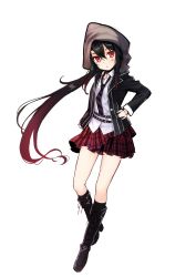 Rule 34 | 1girl, black footwear, black hair, black jacket, black necktie, blush, boots, character request, female focus, full body, gradient hair, hand on own hip, hood, jacket, long hair, long sleeves, looking at viewer, multicolored hair, necktie, plaid, plaid skirt, pleated skirt, ponytail, red eyes, red hair, red skirt, shirt, simple background, skirt, solo, standing, white background, white shirt, zero (miraichizu)