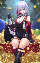Rule 34 | 1girl, asymmetrical gloves, belt, black belt, black footwear, black gloves, black unitard, blue eyes, breasts, button gap, cleavage cutout, clenched teeth, clothing cutout, coin, colored inner hair, crossed knees, feet out of frame, gloves, gold coin, highres, honkai: star rail, honkai (series), kdm (ke dama), looking at viewer, medium breasts, multicolored hair, numby (honkai: star rail), red hair, short hair, sitting, solo, teeth, topaz (honkai: star rail), tossing, trotter (honkai: star rail), uneven gloves, white hair