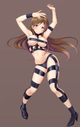 Rule 34 | 1girl, absurdres, armpits, arms up, bare shoulders, black footwear, blush, boots, breasts, brown background, brown eyes, brown hair, collarbone, dancing, high heel boots, high heels, highres, hip focus, hot limit, idolmaster, idolmaster cinderella girls, large breasts, legs, long hair, navel, nitta minami, revealing clothes, simple background, smile, solo, t.m.revolution, taka (takahirokun), thighs