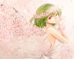 Rule 34 | 1girl, backless outfit, bad id, bad pixiv id, bare back, bare shoulders, cherry blossoms, dress, flower bracelet, flower wings, green hair, hair wreath, head wreath, kazami yuuka, looking at viewer, petals, red eyes, shironeko yuuki, short hair, solo, strapless, strapless dress, touhou