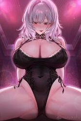 Rule 34 | 1girl, :p, bare shoulders, blush, breasts, cameltoe, cleavage, covered navel, highres, large breasts, leotard, long hair, looking at viewer, merumeko, original, red eyes, sitting, smile, solo, spread legs, tongue, tongue out, white hair