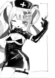 Rule 34 | 1girl, artist request, belt, black collar, blue bow, blunt bangs, bow, breast cutout, breasts, chouzetsusaikawa tenshi-chan, cleavage, collar, cowboy shot, dress, elbow gloves, gloves, greyscale, hair bow, hair ornament, half-closed eye, hand up, heart, heart hair ornament, heart in eye, highres, holding, holding syringe, latex, long hair, medium breasts, monochrome, needy girl overdose, nurse, official alternate costume, official art, open mouth, pink bow, purple bow, quad tails, second-party source, short dress, solo, standing, symbol in eye, syringe, thigh strap, twintails, very long hair, white background