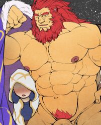 Rule 34 | 1boy, 1other, abs, absurdres, arm up, bara, beard, blush, caineghis (fire emblem), cape, clenched hand, cloak, commentary request, facial hair, fire emblem, fire emblem heroes, fur-trimmed cape, fur trim, glensaru, hand on own hip, highres, hood, hood up, hooded cloak, kiran (fire emblem), looking at another, male focus, muscular, muscular male, nintendo, nipples, nude, one eye closed, open mouth, pectorals, penis out of frame, pubic hair, red hair, yellow eyes