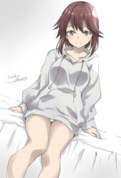 Rule 34 | 1girl, alternate costume, bed, black hair, brown eyes, drawstring, dress, feet out of frame, gakky, hayasui (kancolle), highres, hooded dress, kantai collection, looking at viewer, one-hour drawing challenge, panties, pantyshot, short hair, smile, solo, sweater, sweater dress, underwear, white panties