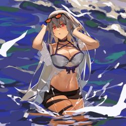 Rule 34 | 1girl, arknights, arms up, blush, breasts, cleavage, collarbone, eyewear on head, grey hair, long hair, medium breasts, navel, official alternate costume, on water, one-piece swimsuit, open mouth, red eyes, short shorts, shorts, sidongziban, skadi (arknights), skadi (waverider) (arknights), skindentation, solo, sunglasses, swimsuit, thighs, wading, water, water drop, wet, white one-piece swimsuit, yunnio