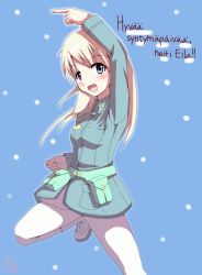 Rule 34 | 1girl, :d, ajapar, birthday, blonde hair, blue background, blue eyes, eila ilmatar juutilainen, finnish text, happy birthday, index finger raised, long hair, looking at viewer, military, military uniform, open mouth, pantyhose, smile, solo, strike witches, translated, uniform, world witches series