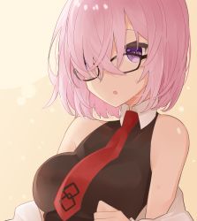 Rule 34 | 1girl, :o, bare shoulders, beige background, black shirt, breasts, commentary request, face, fate/grand order, fate (series), glasses, grey jacket, highres, jacket, large breasts, light purple hair, looking at viewer, mash kyrielight, necktie, off-shoulder jacket, off shoulder, pink hair, purple eyes, red necktie, shirt, short hair, solo, younomiti