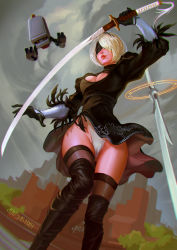 Rule 34 | 1girl, absurdres, black dress, black hairband, blindfold, boots, breasts, cameltoe, cleavage, cleavage cutout, clothing cutout, covered eyes, depth of field, dress, feather-trimmed sleeves, floating object, floating sword, floating weapon, from below, hairband, he xiao heng, highleg, highleg leotard, highres, holding, holding sword, holding weapon, juliet sleeves, large breasts, leotard, long sleeves, mole, mole under mouth, nier (series), nier:automata, pink lips, pod (nier:automata), puffy sleeves, silver hair, soft focus, solo, sword, thighhighs, thighhighs under boots, upskirt, vambraces, weapon, weapon on back, white leotard, 2b (nier:automata)