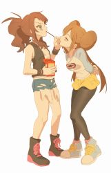 Rule 34 | 2girls, ankea (a-ramo-do), black legwear, black vest, blue eyes, blush, box, brown hair, closed eyes, commentary, creatures (company), cutoffs, denim, denim shorts, double bun, facing another, food, full body, game freak, hair bun, highres, hilda (pokemon), holding, holding box, holding food, holding pocky, long hair, long sleeves, looking at another, multiple girls, nintendo, no headwear, open mouth, pantyhose, pantyhose under shorts, pocky, pocky day, pokemon, pokemon bw, pokemon bw2, ponytail, profile, rosa (pokemon), shirt, shoes, short shorts, shorts, sleeveless, sleeveless shirt, sneakers, standing, twintails, very long hair, vest, white background, white shirt, wristband, yellow shorts, yuri