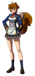 Rule 34 | 1girl, :3, animal ears, antenna hair, arc system works, blazblue, blazblue: calamity trigger, blazblue: continuum shift, brown eyes, brown hair, female focus, full body, hand on own hip, highres, legs, loafers, long legs, makoto nanaya, miniskirt, mori toshimichi, multicolored hair, necktie, official art, pleated skirt, school uniform, shoes, short hair, simple background, skirt, smile, socks, solo, squirrel ears, squirrel tail, standing, tail, thighs, two-tone hair, uniform, white hair