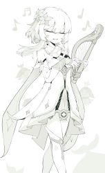 Rule 34 | 1girl, absurdres, aranara (genshin impact), closed eyes, detached sleeves, dress, flower, genshin impact, greyscale, hair flower, hair ornament, highres, holding, holding instrument, instrument, long hair, lpleader, lumine (genshin impact), lyre, monochrome, music, musical note, parted lips, playing instrument, sidelocks, simple background, solo, standing, thighhighs, white background