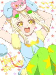 Rule 34 | 1girl, :d, akasata, alternate hairstyle, animal hands, arms up, bang dream!, blonde hair, character doll, character name, fur, gloves, green pantyhose, hair up, hands on own head, happy birthday, knees up, michelle (bang dream!), object on head, open mouth, pantyhose, paw gloves, print pantyhose, sidelocks, sitting, smile, solo, star (symbol), star print, starry background, stitches, stuffed animal, stuffed toy, tail, teddy bear, tsurumaki kokoro, yellow eyes