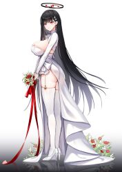 Rule 34 | 1girl, absurdres, alternate costume, black hair, blue archive, bouquet, breasts, bridal gauntlets, cleavage, dress, earrings, flower, from side, garter straps, grin, hair ornament, hairclip, halo, high heels, highres, holding, holding bouquet, huge breasts, jewelry, large breasts, long hair, looking at viewer, narrowed eyes, picter, reflective floor, rio (blue archive), shrug (clothing), sideboob, smile, solo, straight hair, thighhighs, very long hair, wedding dress, white dress, white footwear, white thighhighs