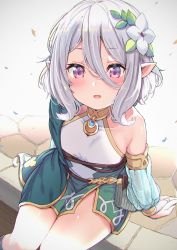 Rule 34 | 1girl, blush, bridal gauntlets, dress, flower, green dress, hair between eyes, hair flower, hair ornament, haruken, kokkoro (princess connect!), open mouth, pointy ears, pouch, princess connect!, purple eyes, see-through, see-through sleeves, silver hair, simple background, sitting, solo, tassel, white flower