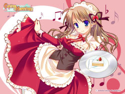 Rule 34 | 1girl, beamed quavers, blue eyes, breasts, brown hair, cake, cake slice, coming x humming, copyright name, detached collar, flat sign, food, fruit, highres, large breasts, maid, musical note, plate, solo, strawberry, tray, treble clef