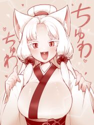 Rule 34 | 1girl, :3, animal ears, blush, breasts, commentary request, f tabiaki, fangs, fingernails, fox ears, fox girl, hair ornament, heart, heart in mouth, high ponytail, japanese clothes, kimono, large breasts, long hair, looking at viewer, monochrome, obi, open mouth, parted bangs, pentagon bubbles, pinching sleeves, red theme, sash, sharp fingernails, sidelocks, slit pupils, smile, solo, thick eyelashes, touhoku itako, translation request, underbust, upper body, voiceroid