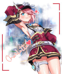 Rule 34 | absurdres, aqua eyes, arm up, armpits, blue gemstone, blurry, blurry background, blush, breasts, character name, charlotte (genshin impact), closed mouth, cowboy shot, detached sleeves, gem, genshin impact, gloves, hat, heart, highres, jimi paradise, light smile, miniskirt, one eye closed, pink hair, red hat, red skirt, salute, shirt, short hair, simple background, skirt, sleeveless, sleeveless shirt, small breasts, smile, thigh strap, thighs, two-finger salute, vision (genshin impact), white gloves, white shirt