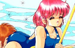 Rule 34 | 1990s (style), 1girl, ayumi-chan monogatari, ayumi (ayumi-chan monogatari), breasts, cunnilingus, cunnilingus through clothes, lowres, one-piece swimsuit, open mouth, oral, pool, red hair, retro artstyle, school swimsuit, short hair, sitting, swimsuit