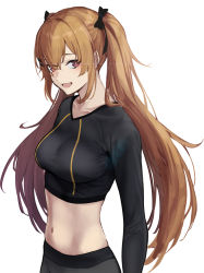 Rule 34 | 1girl, 3 small spiders, absurdres, black pants, black shirt, blush, bow, breasts, brown hair, collarbone, commentary, girls&#039; frontline, hair bow, highres, long hair, long sleeves, looking at viewer, medium breasts, navel, open mouth, pants, red eyes, scar, scar across eye, shirt, simple background, smile, solo, standing, stomach, turtleneck, twintails, ump9 (girls&#039; frontline), upper body, white background
