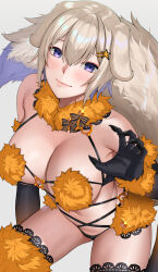Rule 34 | 1girl, animal ears, bikini, black gloves, black thighhighs, blonde hair, blush, breasts, cleavage, cosplay, deras, elbow gloves, fate/grand order, fate (series), gloves, hair ornament, hairclip, highres, large breasts, looking at viewer, mash kyrielight, mash kyrielight (dangerous beast), mash kyrielight (dangerous beast) (cosplay), navel, original, purple eyes, smile, solo, swimsuit, tail, thighhighs