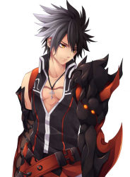 Rule 34 | 1boy, armor, belt, black hair, blouse, cross, elsword, expressionless, gradient hair, grey hair, jewelry, kirimi maguro, male focus, mechanical arms, multicolored hair, necklace, raven cronwell, reckless fist (elsword), shirt, single mechanical arm, sleeveless, sleeveless shirt, solo, spiked hair, white background, yellow eyes