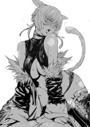 Rule 34 | 1boy, 1girl, animal ears, bad id, bad pixiv id, bare shoulders, blush, breasts, cat ears, cat tail, choker, detached sleeves, ears down, fangs, final fantasy, final fantasy xiv, greyscale, head tilt, highres, large breasts, liangjushuang, looking at viewer, miqo&#039;te, monochrome, neck tattoo, nervous sweating, open mouth, panties, short hair, signature, simple background, solo focus, sweat, tail, tattoo, thighhighs, underwear, white background, wide sleeves, y&#039;shtola rhul
