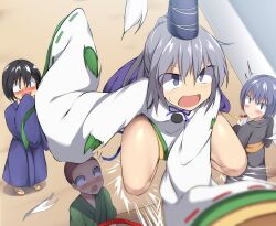 Rule 34 | 1girl, 3boys, absurdres, black headwear, child, commentary request, grey eyes, grey hair, hat, highres, japanese clothes, kariginu, long sleeves, mononobe no futo, multiple boys, nicoseiga 13493778, open mouth, outdoors, ribbon-trimmed sleeves, ribbon trim, solo focus, tate eboshi, thighs, touhou, wide sleeves