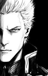 Rule 34 | 1boy, absurdres, black background, black shirt, coat, colored skin, devil may cry (series), devil may cry 5, greyscale, highres, jacket, looking at viewer, male focus, monochrome, profile, rakku (rkrmz0n), shaded face, shirt, sketch, spiked hair, vergil (devil may cry), white hair, white skin, zipper, zipper pull tab