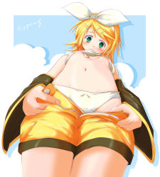 Rule 34 | 00s, 1girl, blonde hair, blush, breasts, clothes lift, cyprus, flat chest, from below, green eyes, hair ornament, hair ribbon, hairclip, kagamine rin, kagamine rin (if), mouth hold, open fly, open zipper, panties, pov, ribbon, shirt lift, short hair, shorts, small breasts, solo, underboob, underwear, undressing, unzipped, upshirt, vocaloid, zipper