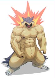 Rule 34 | 1boy, abs, absurdres, angry, annoyed, artist request, claws, creatures (company), fire, fur, game freak, gen 2 pokemon, highres, looking at viewer, male focus, muscular, muscular arms, muscular legs, muscular male, nintendo, pectorals, personification, pokemon, serious, shouting, solo, tail, typhlosion, veins