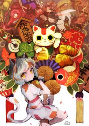 Rule 34 | 1girl, absurdres, animal ears, arrow (projectile), banner, barefoot, bell, cat ears, cat girl, cat tail, coin, commentary, creature, creature request, crop top, daruma doll, demon, fish, flower, full body, gold, goutokuji mike, hamaya, hand fan, highres, holding, holding pole, instrument, koban (gold), koi, looking at viewer, looking back, lute (instrument), maaru (akira428), maneki-neko, medium hair, multicolored hair, neck bell, orange hair, patchwork clothes, paw pose, pole, red flower, sashimono, sea bream, shirt, short sleeves, shorts, sideways glance, signature, streaked hair, tail, target, tassel, tongue, tongue out, touhou, white background, white hair, white shirt, white shorts, wristband, yellow eyes