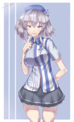 Rule 34 | 10s, 1girl, arm behind back, beret, blue eyes, breasts, cowboy shot, dated, employee uniform, finger to mouth, grey hair, hat, kantai collection, kashima (kancolle), large breasts, lawson, long hair, looking at viewer, name tag, silver bell (artist), solo, striped, twintails, uniform, vertical stripes