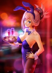 Rule 34 | 1girl, absurdres, animal ears, blue bow, blue bowtie, blue eyes, blue leotard, bow, bowtie, breasts, cowboy shot, cup, dedeen, detached collar, drinking glass, fake animal ears, fate/grand order, fate (series), grin, hand on own hip, highres, leotard, looking at viewer, medium breasts, miyamoto musashi (fate), pantyhose, pink hair, playboy bunny, ponytail, rabbit ears, rabbit girl, rabbit tail, smile, solo, standing, strapless, strapless leotard, tail, tray, wine glass, wrist cuffs