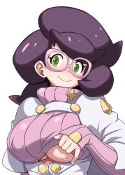 Rule 34 | 10s, 1girl, breasts, cleavage, clothes lift, commentary request, creatures (company), denki showgun, game freak, glasses, green eyes, highres, huge breasts, looking at viewer, nintendo, paizuri invitation, pink-framed eyewear, pokemon, pokemon sm, purple hair, ribbed sweater, shirt lift, short hair, smile, solo, sweat, sweater, turtleneck, turtleneck sweater, underboob, white background, wicke (pokemon)